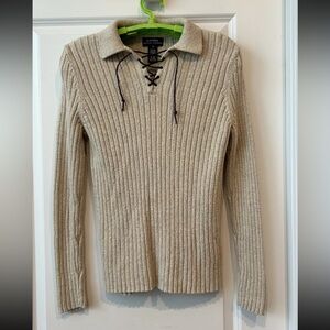 Lauren Ralph Lauren beige ribbed sweater leather laced neckline Sz S Y2K Preppy